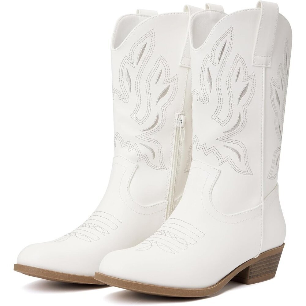 ⚡Kid White Polyurethane Cowboy Pointed Toe Mid-Calf Embroidered Side Zipper Boot - Picture 4 of 6